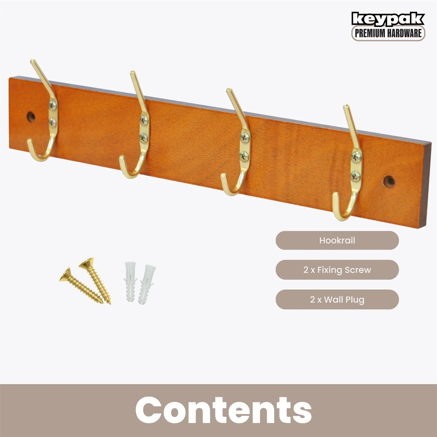 4 Brass Coat Hooks on Pine Wooden Board