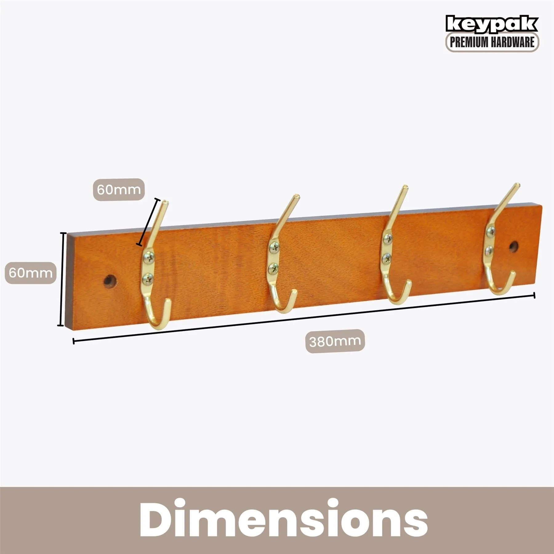 4 Brass Coat Hooks on Pine Wooden Board