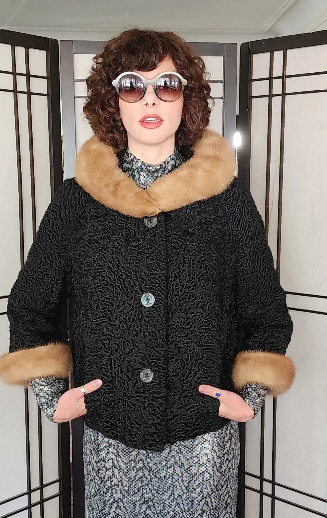 50s Persian Wool Jacket w/Fur Mink Collar Evans