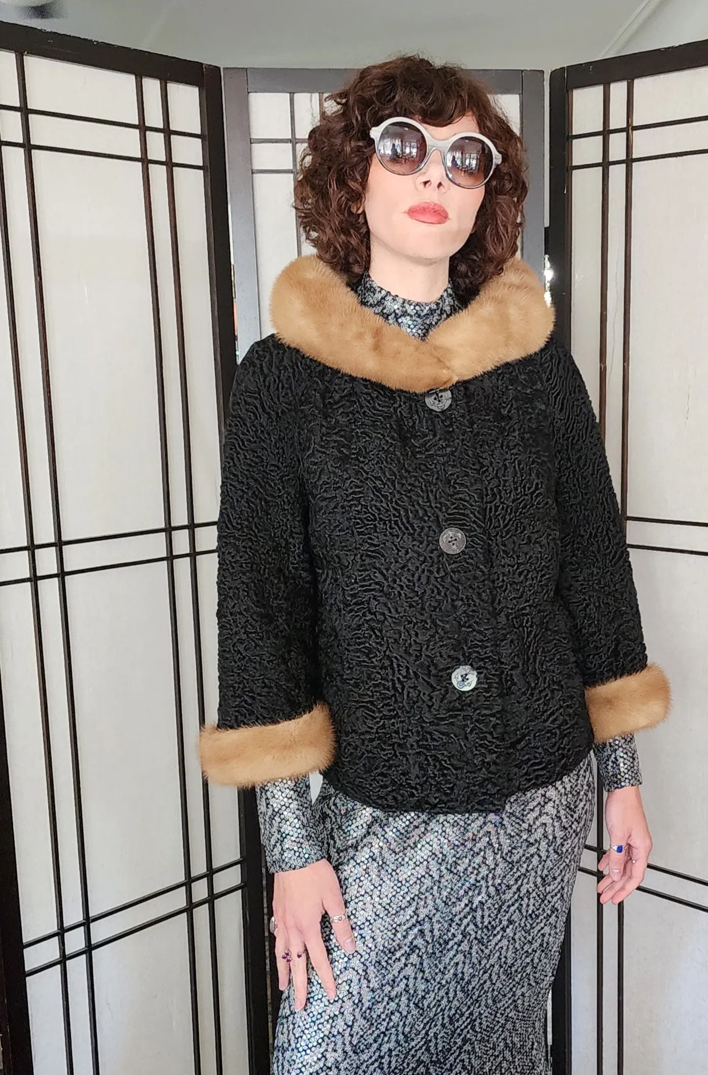 50s Persian Wool Jacket w/Fur Mink Collar Evans