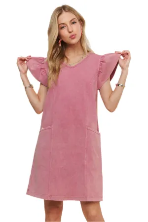 ADORA Mineral Washed V-Neck Ruffled Cap Sleeve Dress