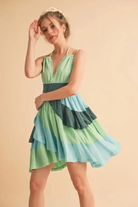 Aemi Co Ruffled Color Block Sleeveless Mini Dress