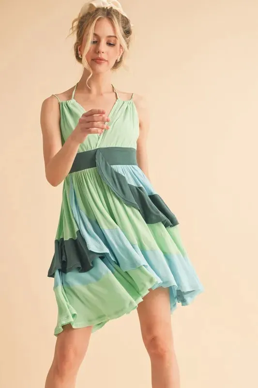Aemi Co Ruffled Color Block Sleeveless Mini Dress