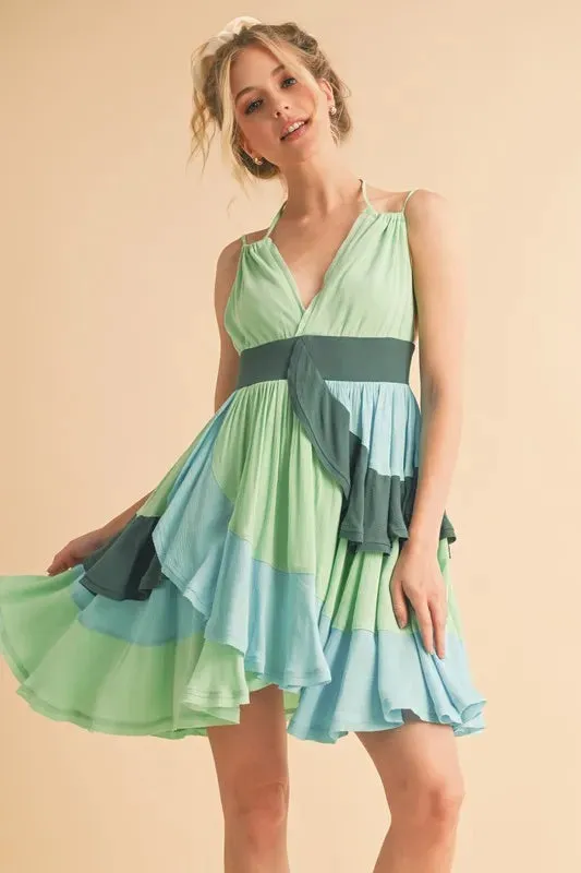 Aemi Co Ruffled Color Block Sleeveless Mini Dress