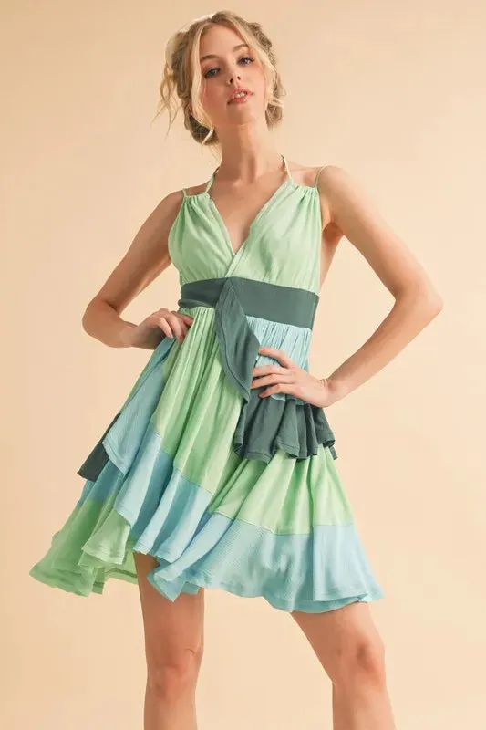 Aemi Co Ruffled Color Block Sleeveless Mini Dress