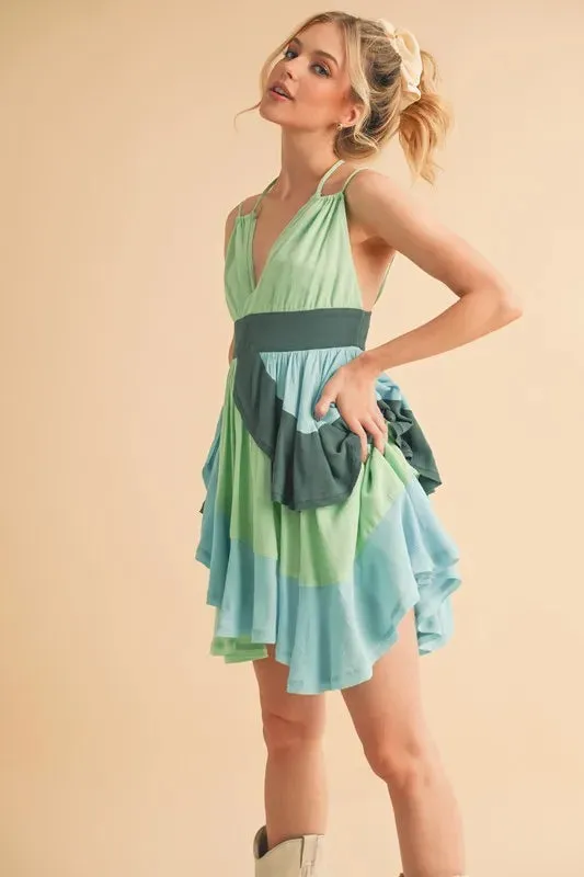 Aemi Co Ruffled Color Block Sleeveless Mini Dress