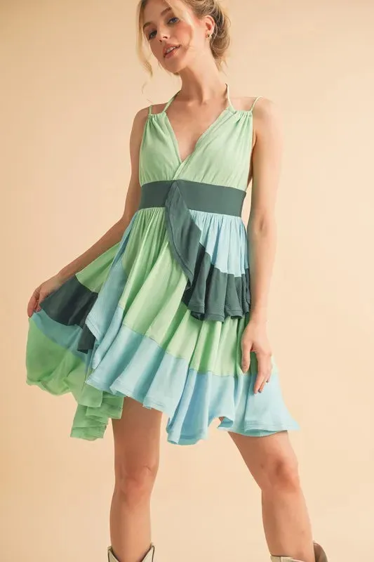 Aemi Co Ruffled Color Block Sleeveless Mini Dress