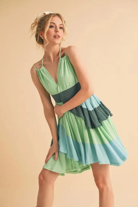 Aemi Co Ruffled Color Block Sleeveless Mini Dress