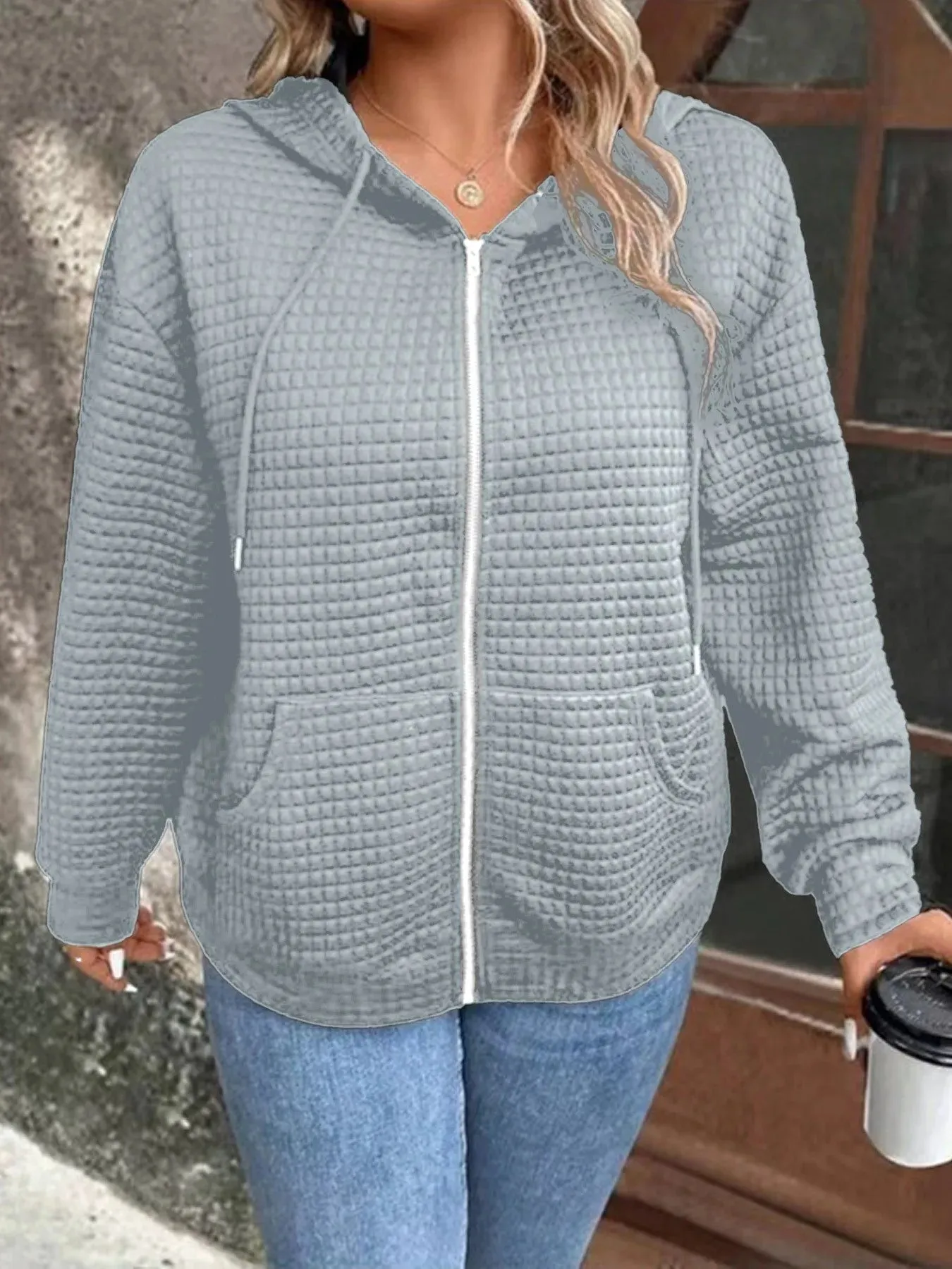 Autumn color pocket hooded zipper Jacket
