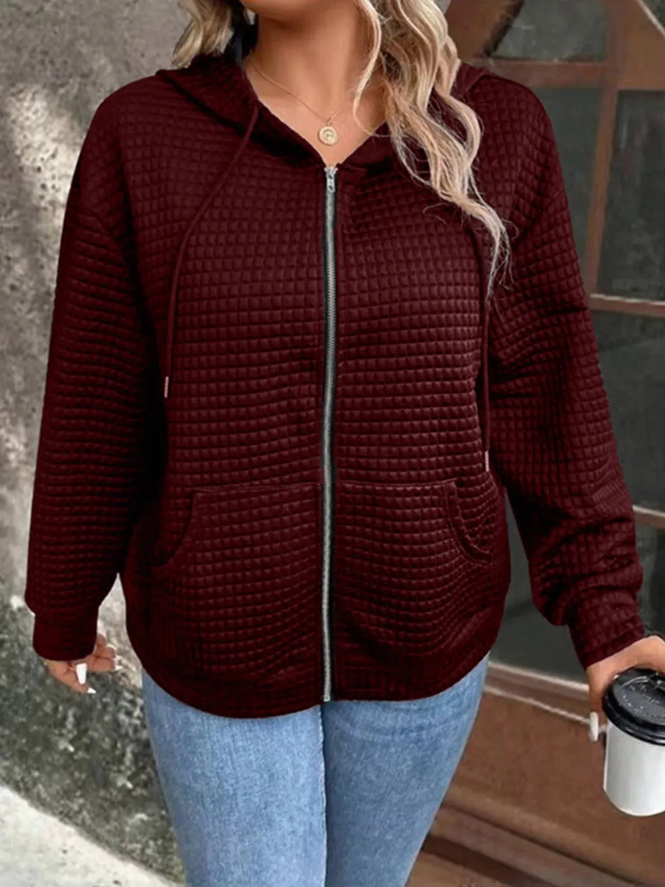 Autumn color pocket hooded zipper Jacket