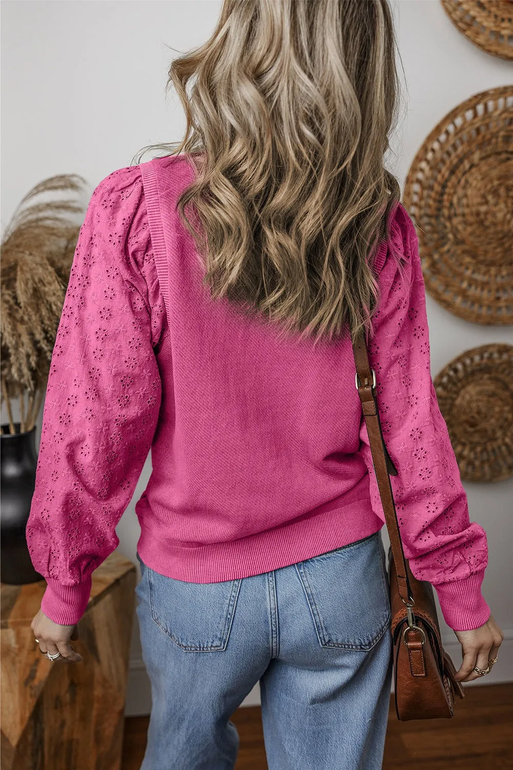 Aya Eyelet Round Neck Long Sleeve Sweatshirt