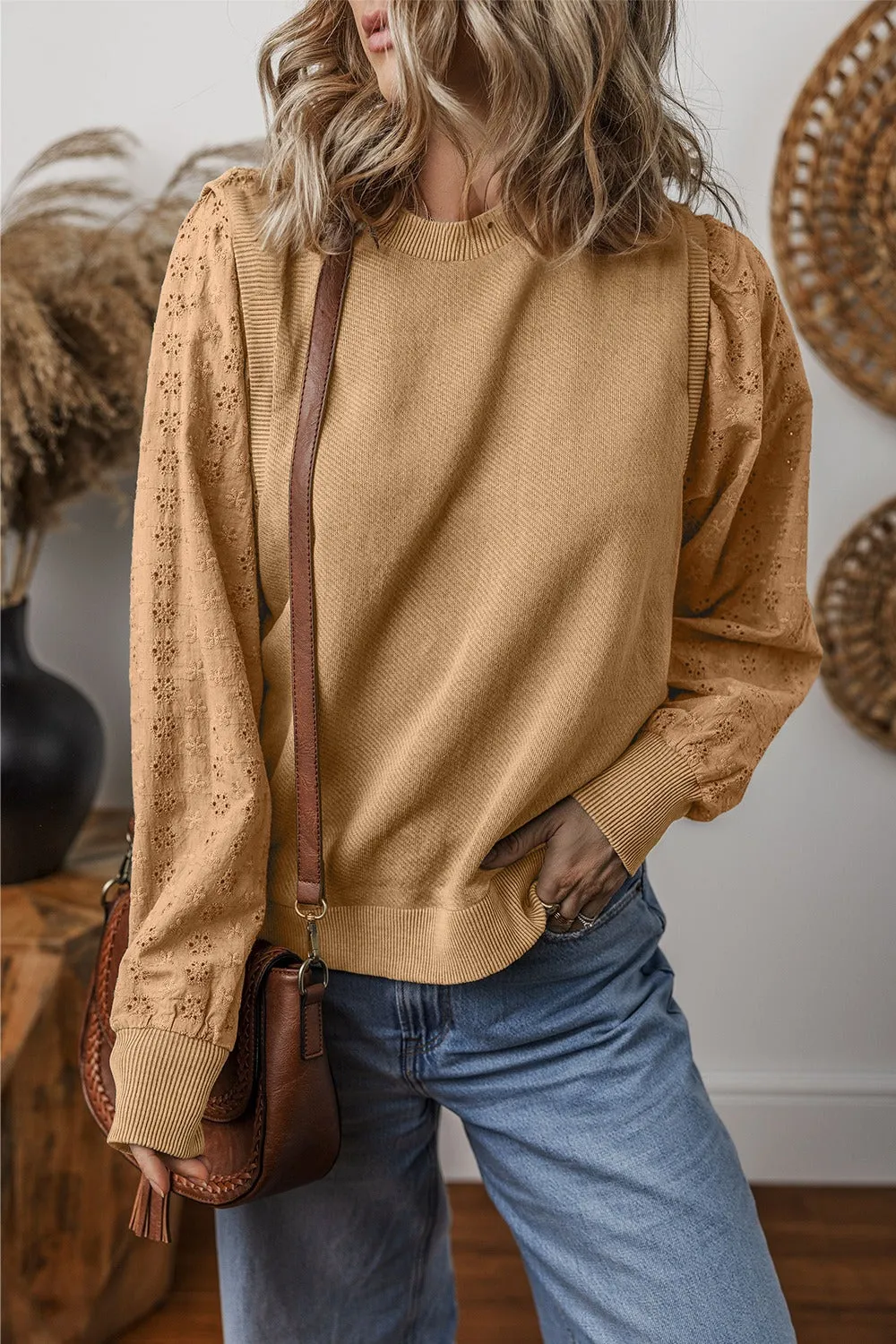 Aya Eyelet Round Neck Long Sleeve Sweatshirt