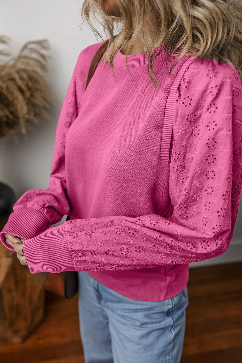 Aya Eyelet Round Neck Long Sleeve Sweatshirt