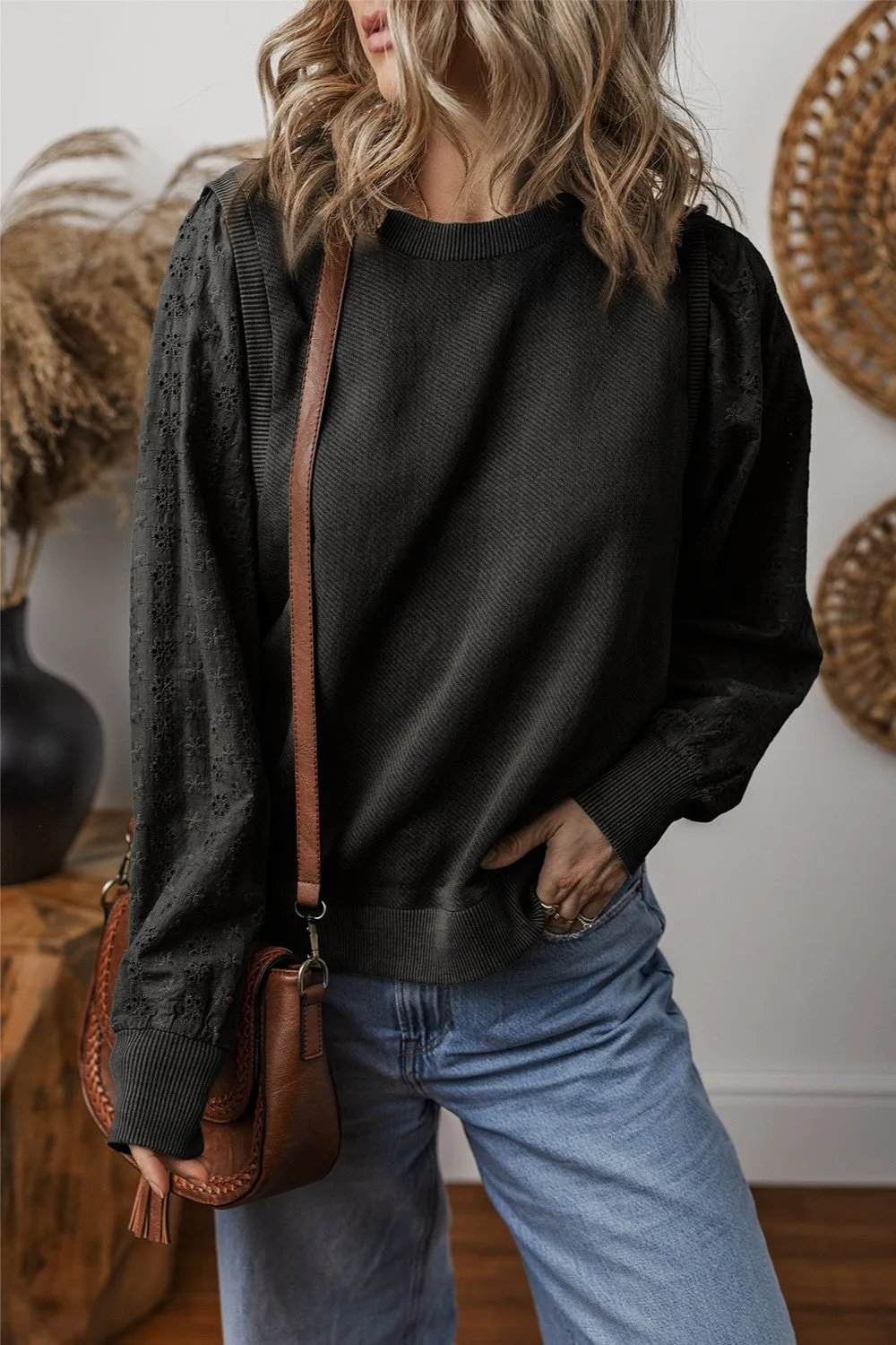 Aya Eyelet Round Neck Long Sleeve Sweatshirt