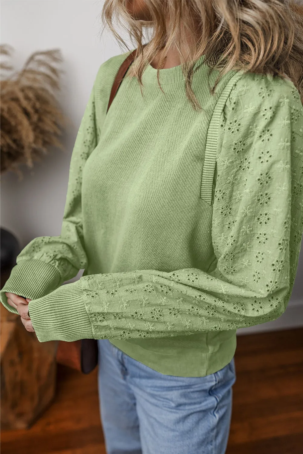 Aya Eyelet Round Neck Long Sleeve Sweatshirt