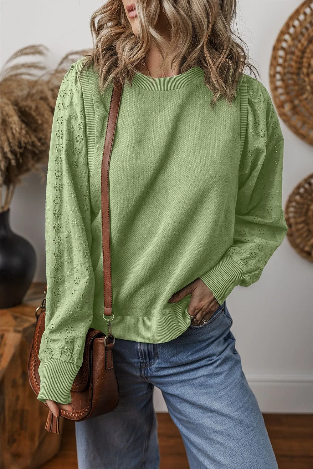 Aya Eyelet Round Neck Long Sleeve Sweatshirt