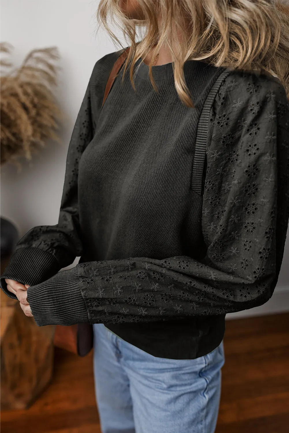 Aya Eyelet Round Neck Long Sleeve Sweatshirt