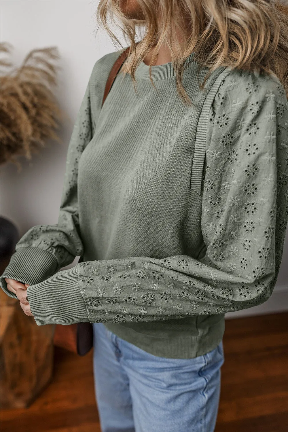 Aya Eyelet Round Neck Long Sleeve Sweatshirt