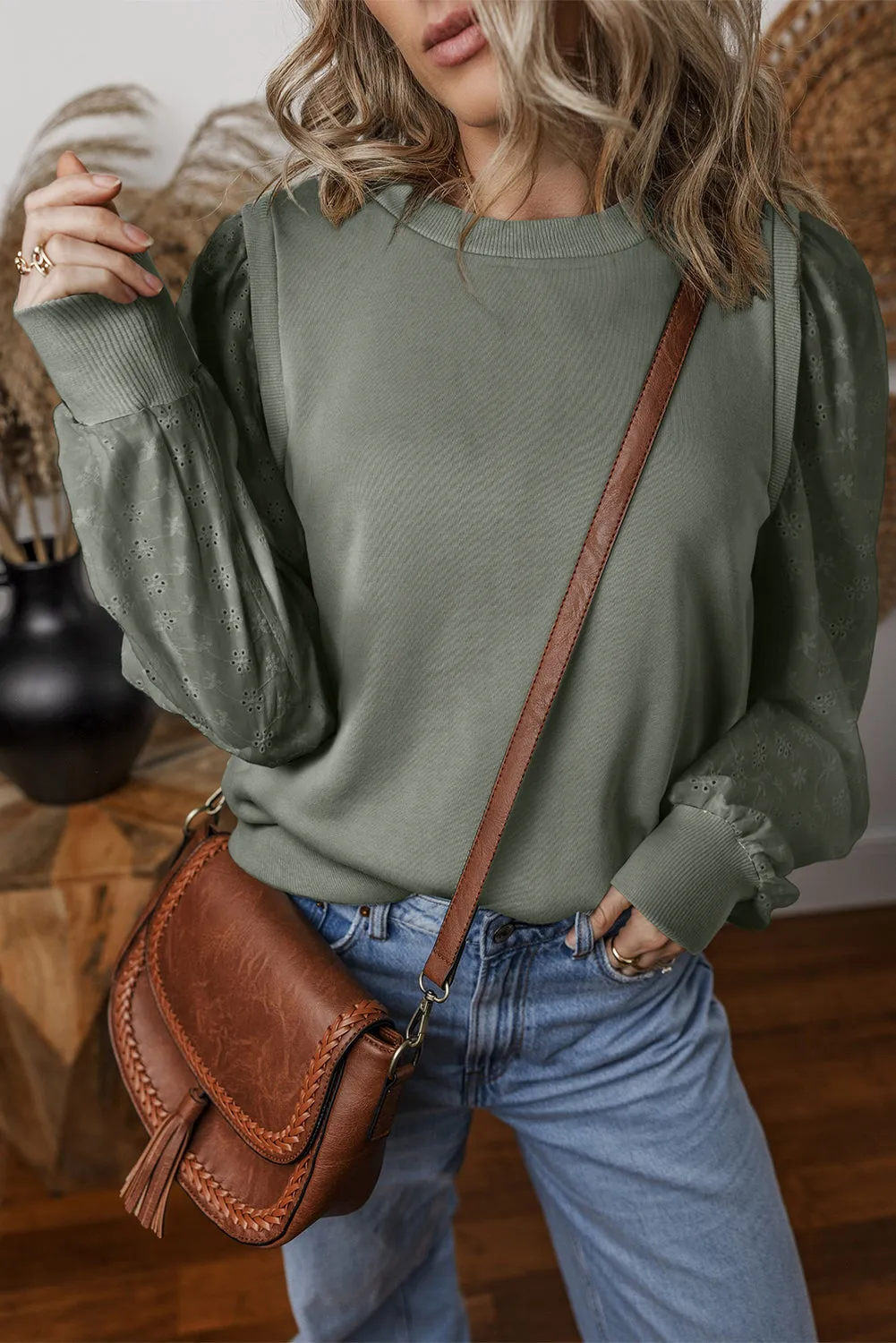 Aya Eyelet Round Neck Long Sleeve Sweatshirt