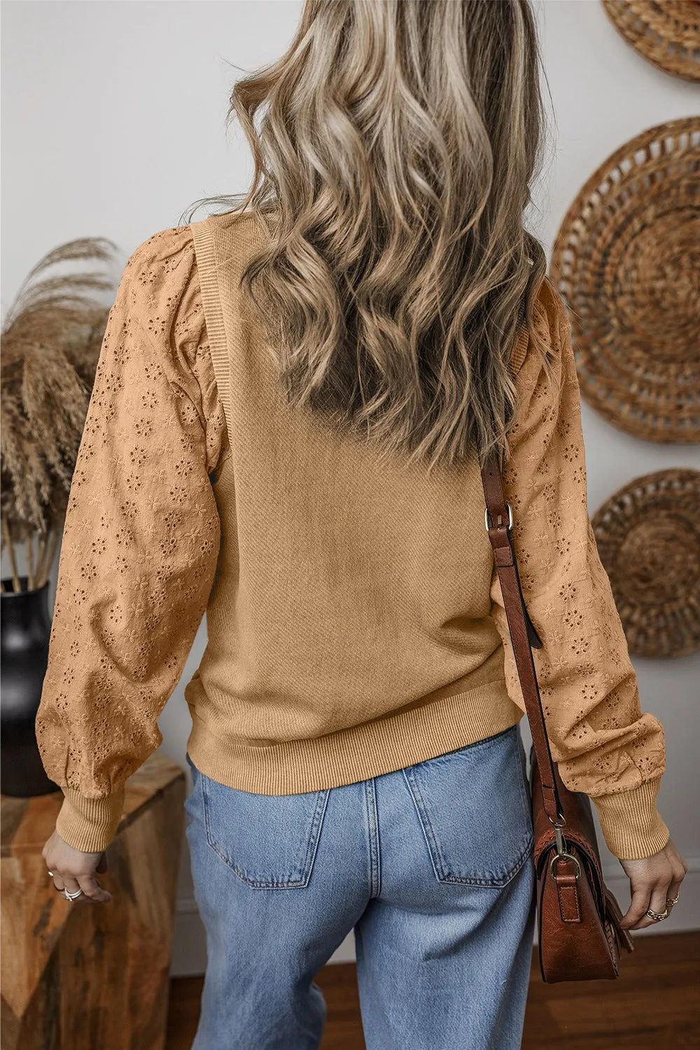 Aya Eyelet Round Neck Long Sleeve Sweatshirt