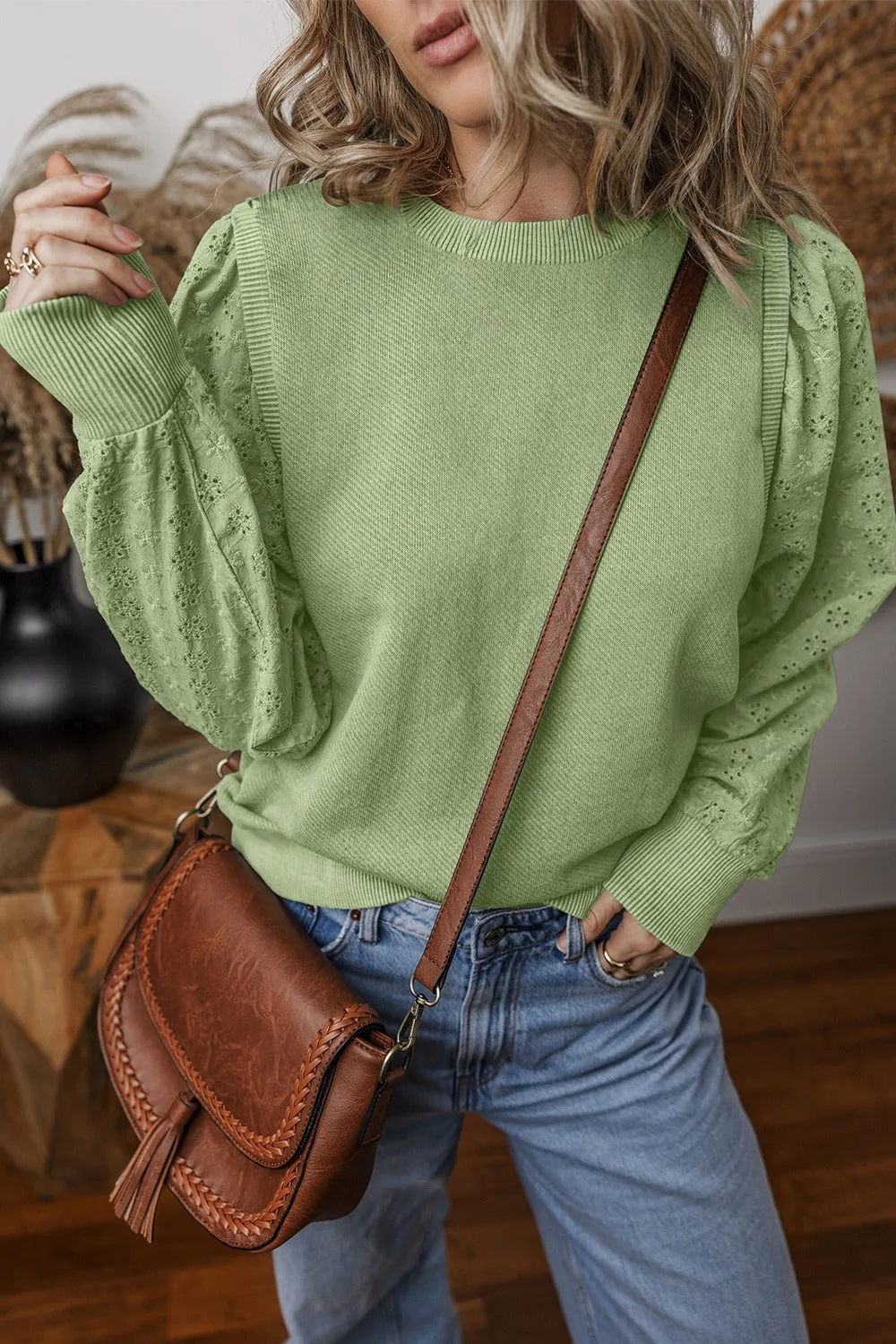 Aya Eyelet Round Neck Long Sleeve Sweatshirt