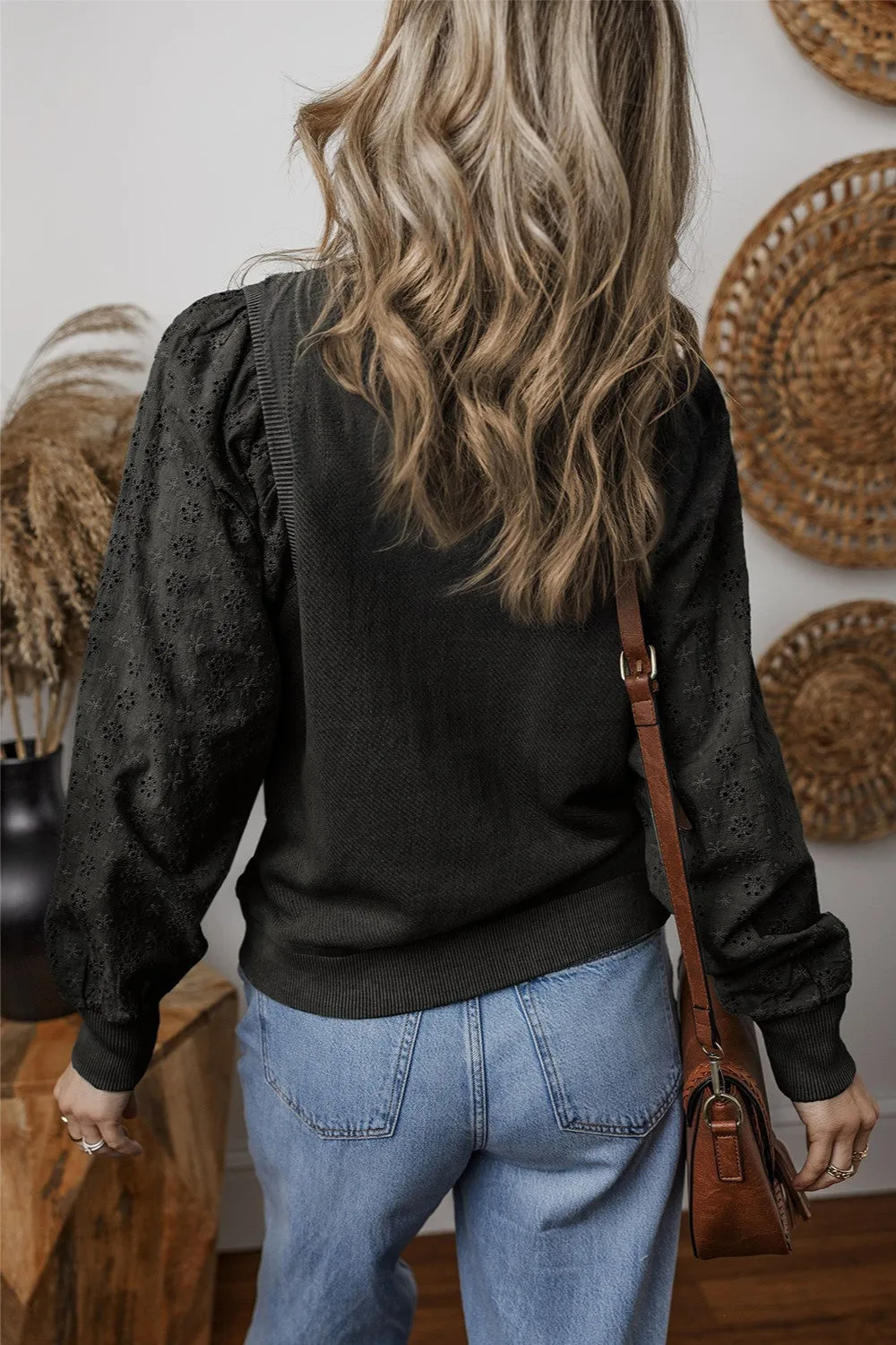 Aya Eyelet Round Neck Long Sleeve Sweatshirt