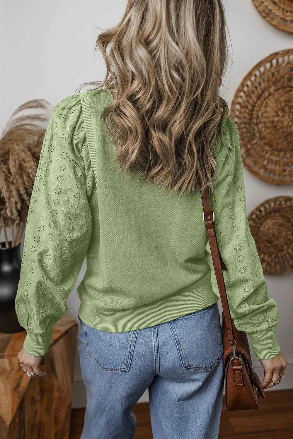 Aya Eyelet Round Neck Long Sleeve Sweatshirt
