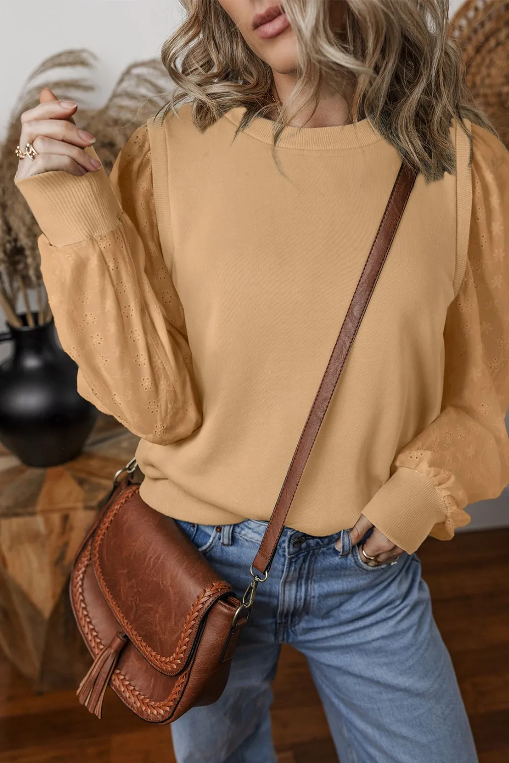 Aya Eyelet Round Neck Long Sleeve Sweatshirt