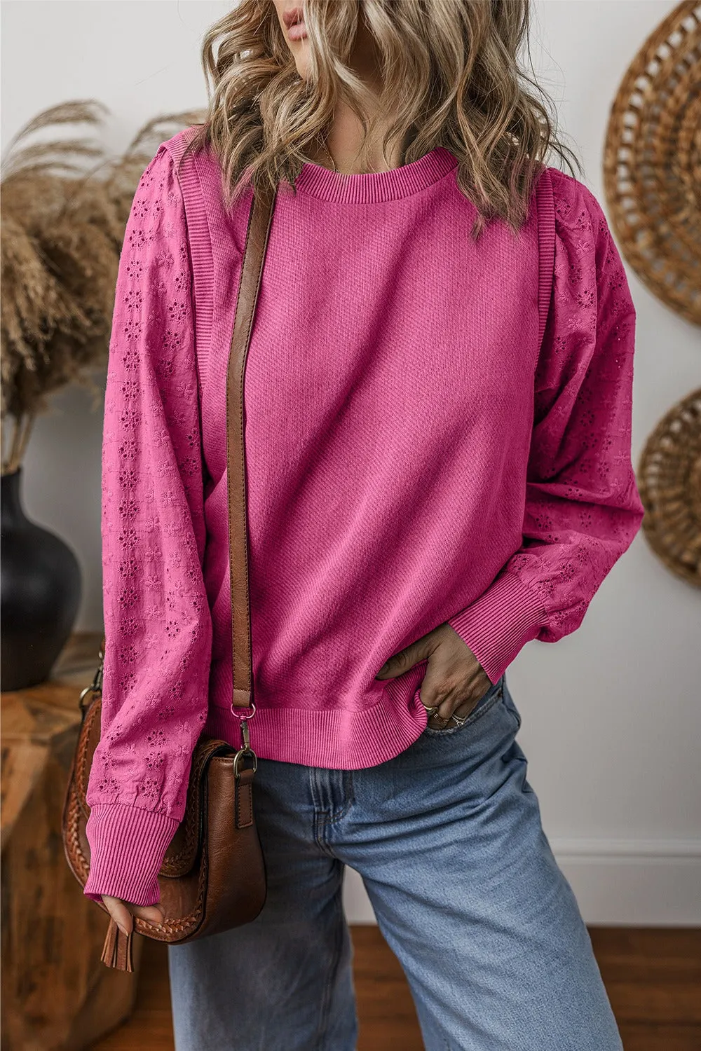 Aya Eyelet Round Neck Long Sleeve Sweatshirt