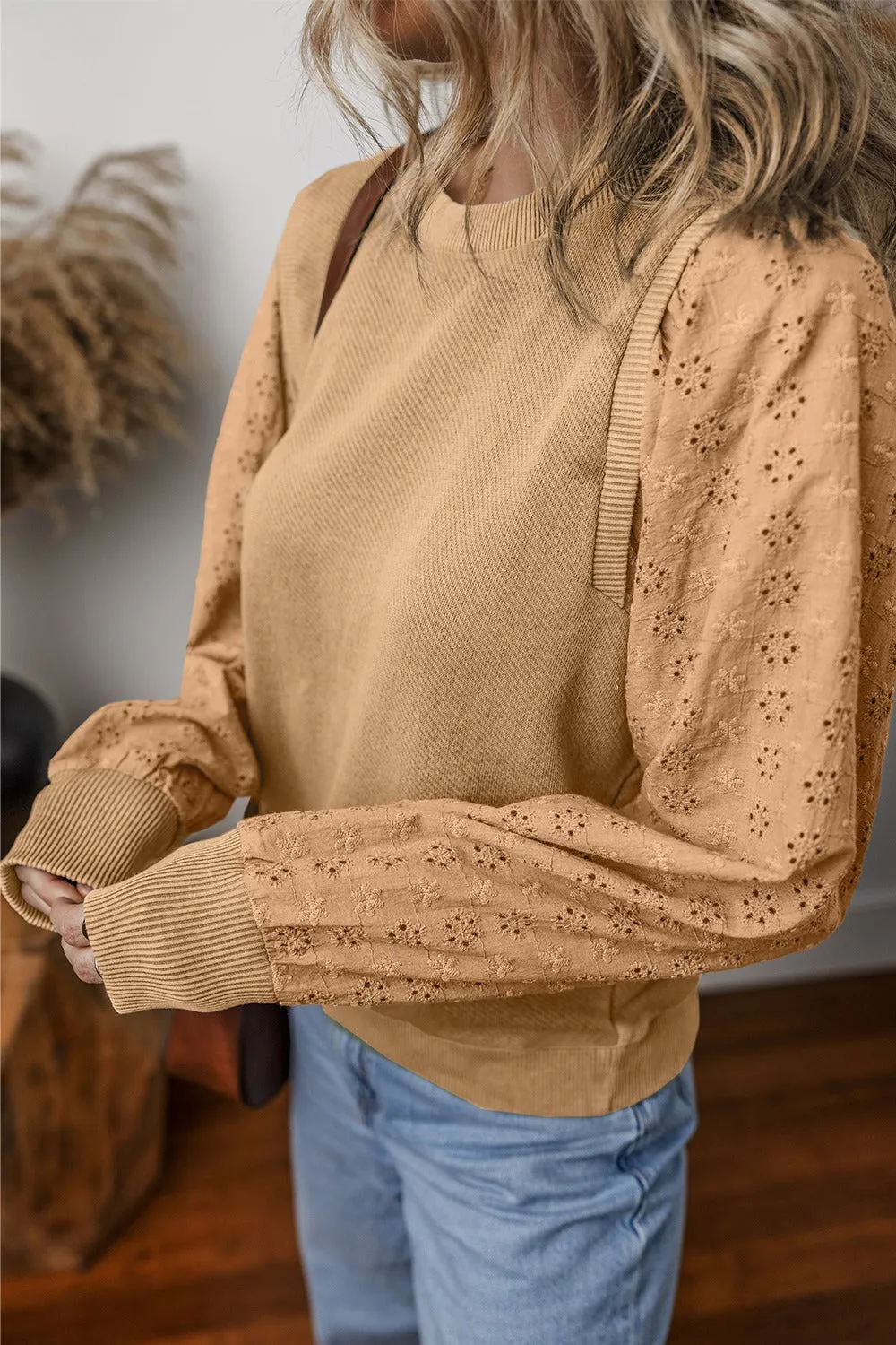 Aya Eyelet Round Neck Long Sleeve Sweatshirt