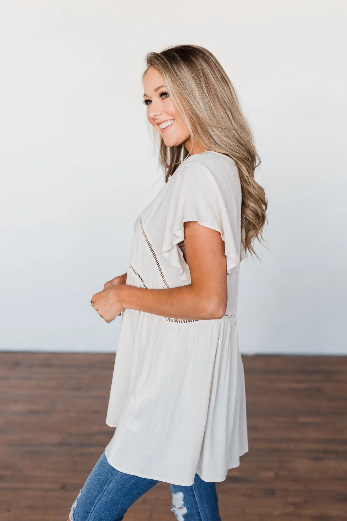 Be Set Free Lace Babydoll Top- Sand