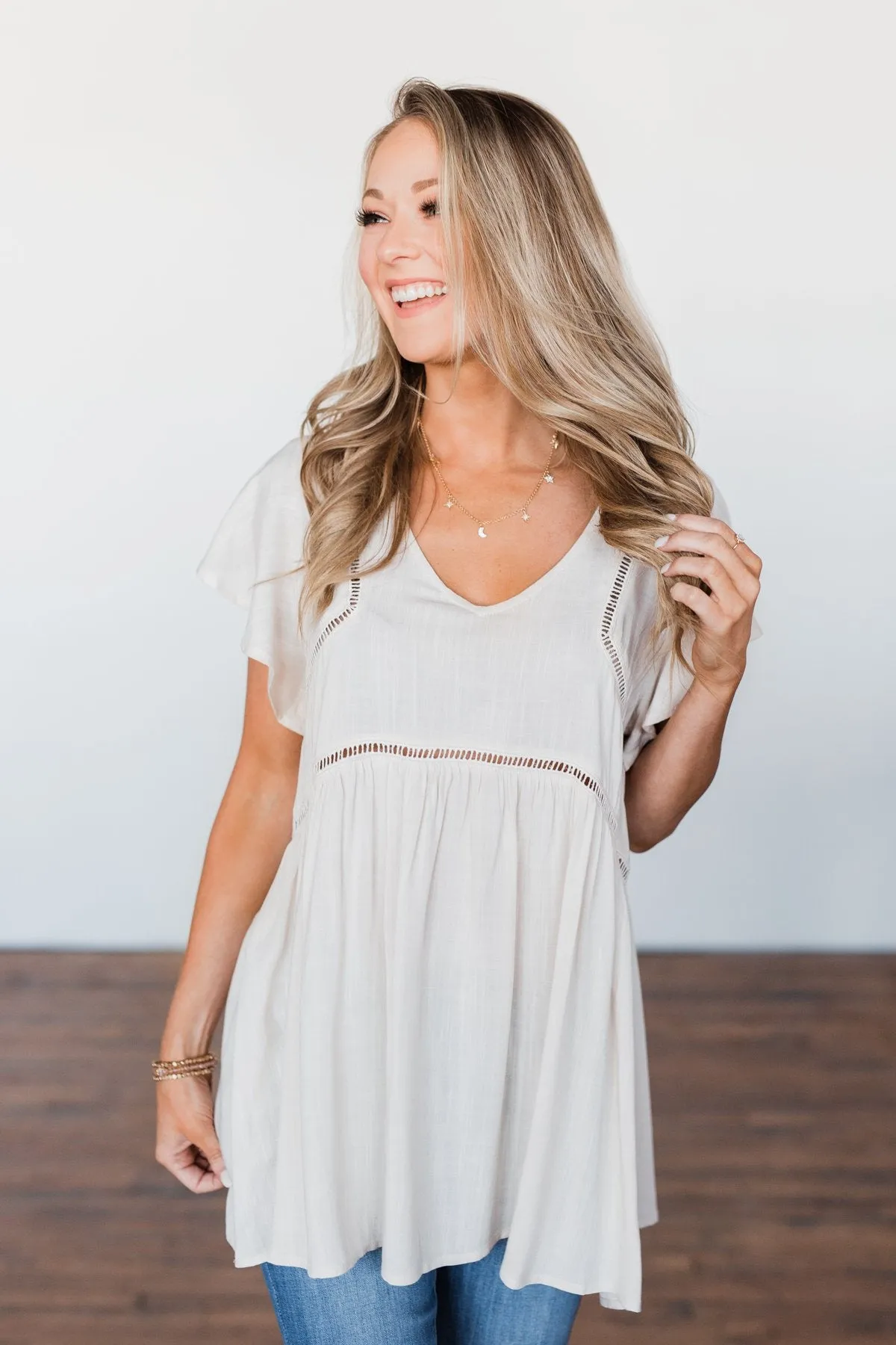 Be Set Free Lace Babydoll Top- Sand
