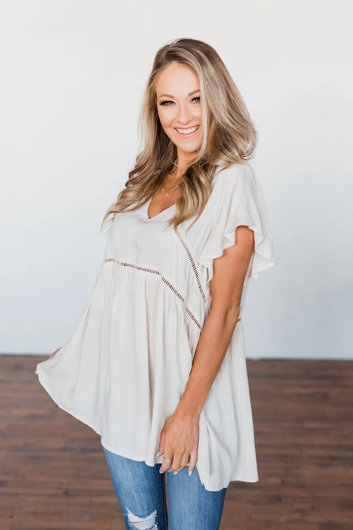 Be Set Free Lace Babydoll Top- Sand