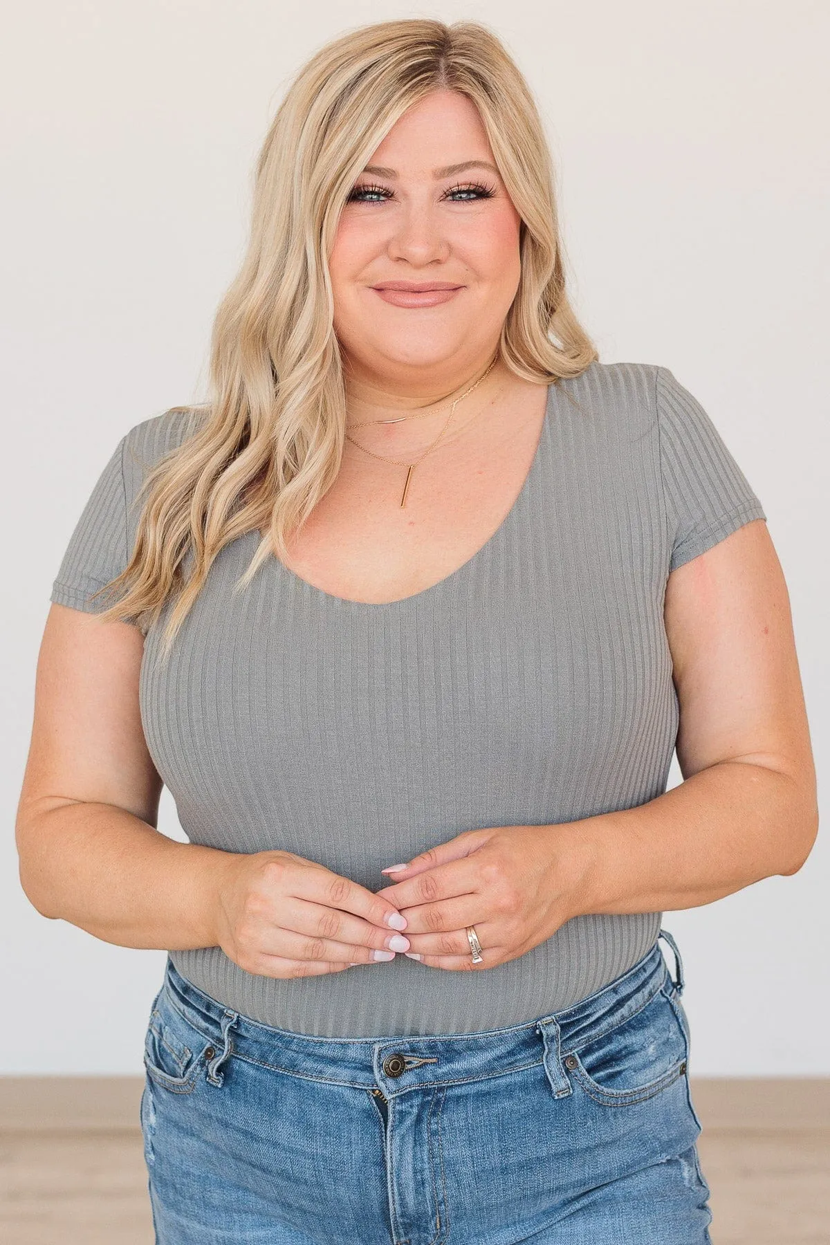Be Your Authentic Self Ribbed Bodysuit- Slate Gray