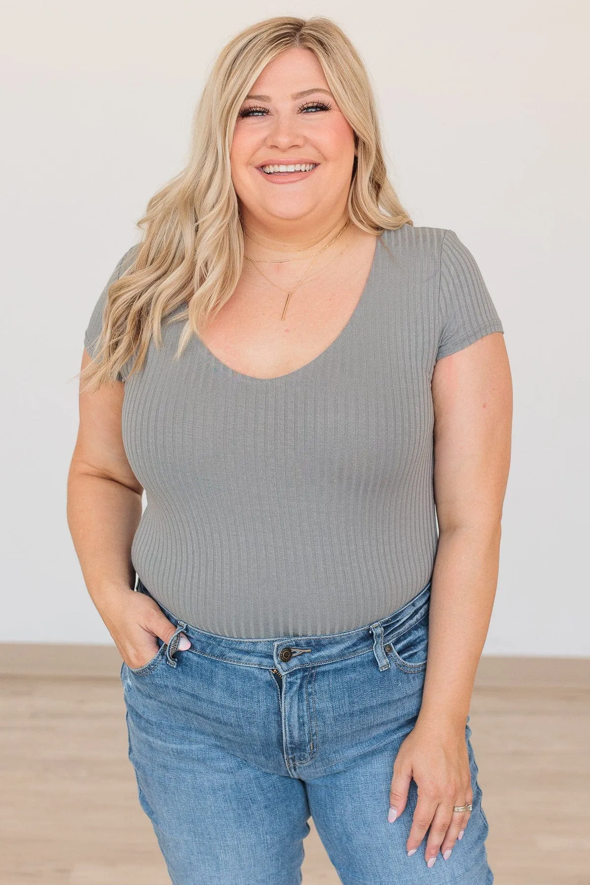 Be Your Authentic Self Ribbed Bodysuit- Slate Gray