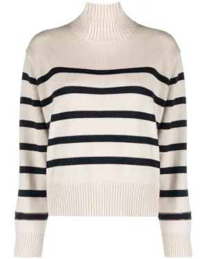 Beige Stripe Cashmere Mock Neck Knit Sweater