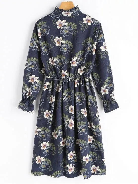 BerryBetty - Cute Floral Corduroy Long Sleeve Dress