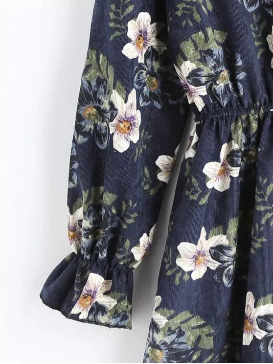BerryBetty - Cute Floral Corduroy Long Sleeve Dress