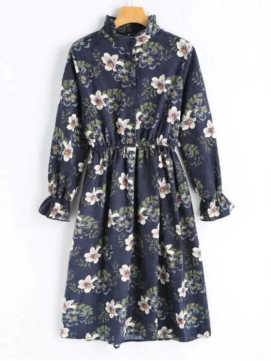 BerryBetty - Cute Floral Corduroy Long Sleeve Dress