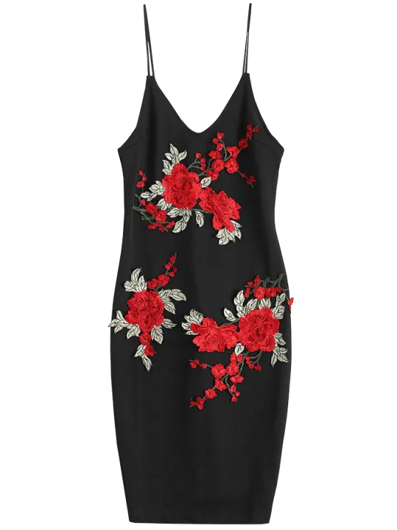 BerryBetty - Cute Rose Embroidered Patched Slip Bodycon Dress