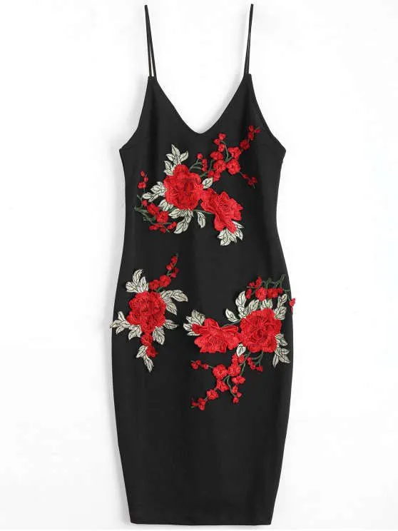 BerryBetty - Cute Rose Embroidered Patched Slip Bodycon Dress