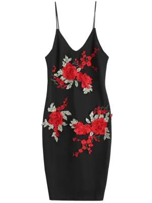 BerryBetty - Cute Rose Embroidered Patched Slip Bodycon Dress