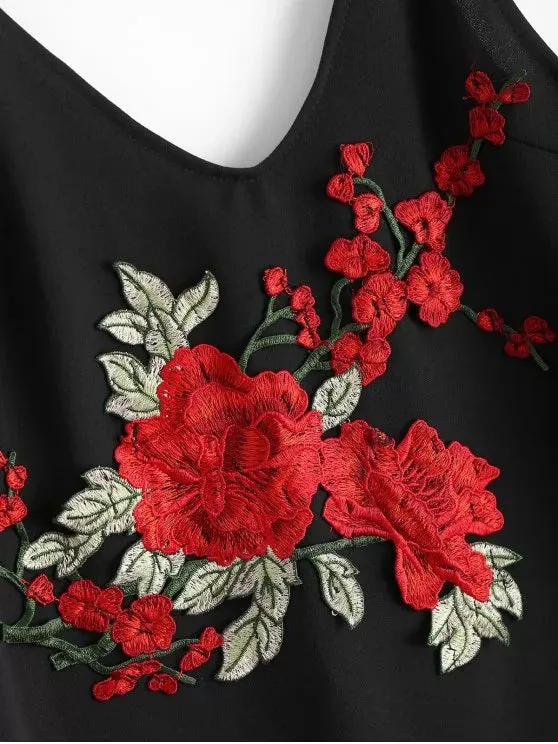 BerryBetty - Cute Rose Embroidered Patched Slip Bodycon Dress