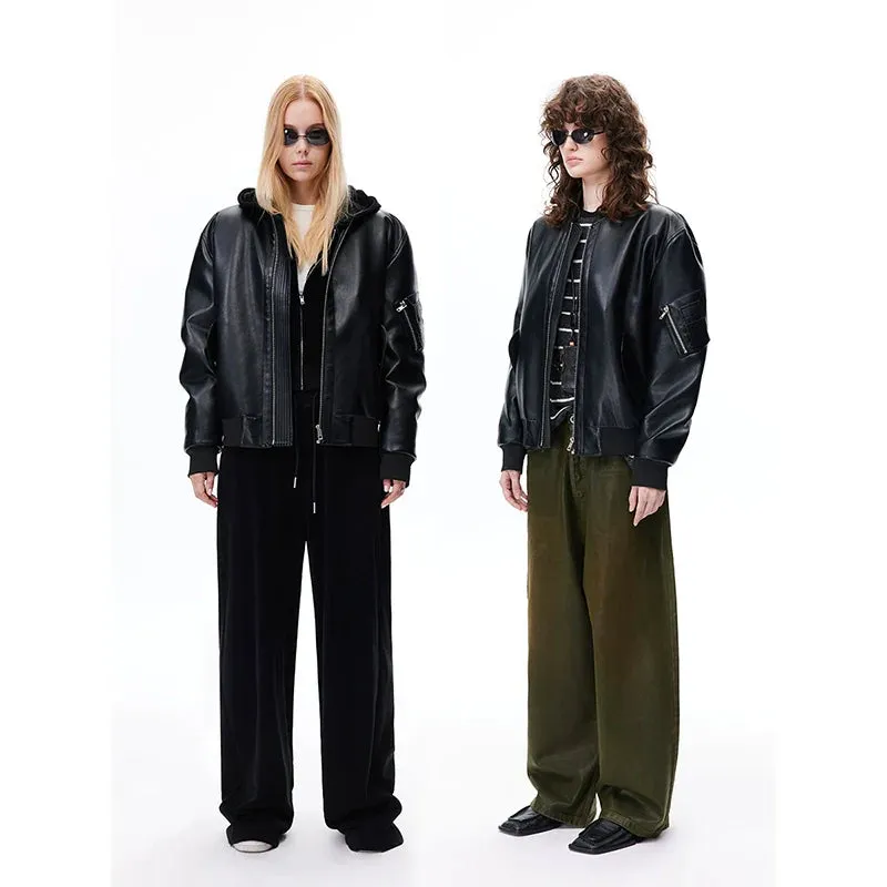 Black Faux Leather Bomber Jacket
