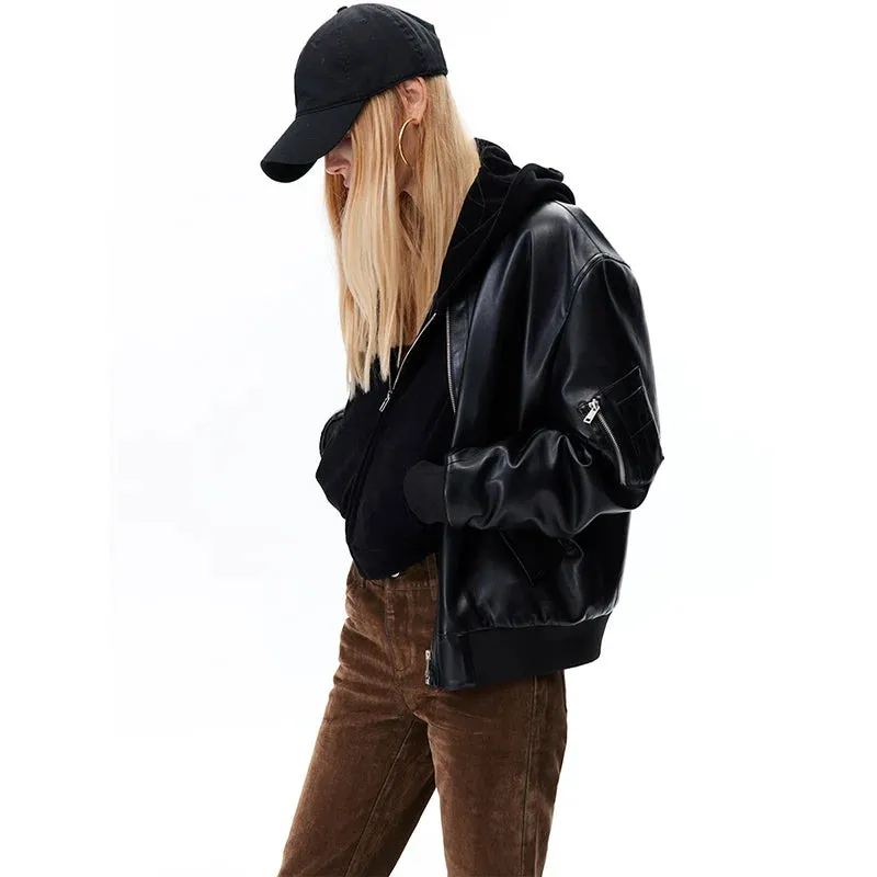Black Faux Leather Bomber Jacket