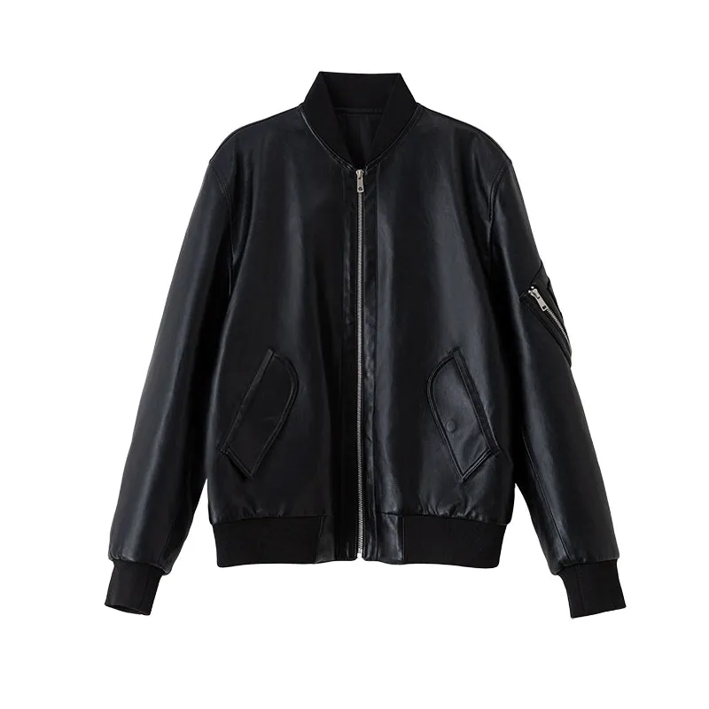 Black Faux Leather Bomber Jacket