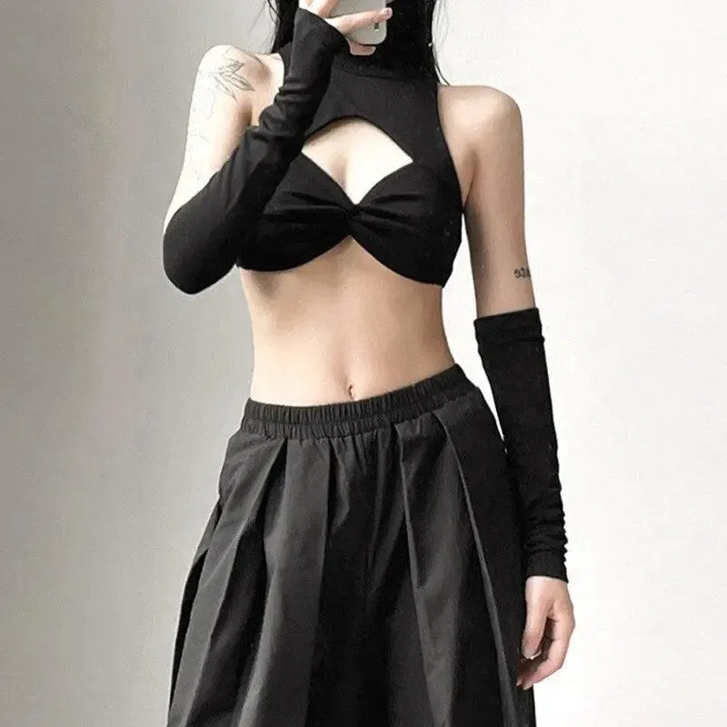 Black Halter Top with Turtleneck Design and Detachable Sleeves Y2K Style