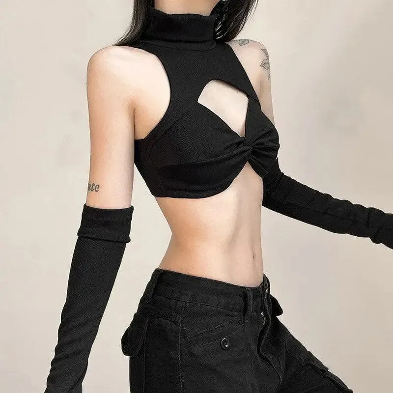 Black Halter Top with Turtleneck Design and Detachable Sleeves Y2K Style