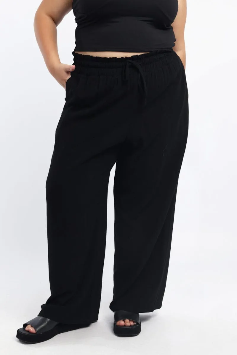 Black Paperbag Elastic Waist Linen Blend Wide Leg Pants