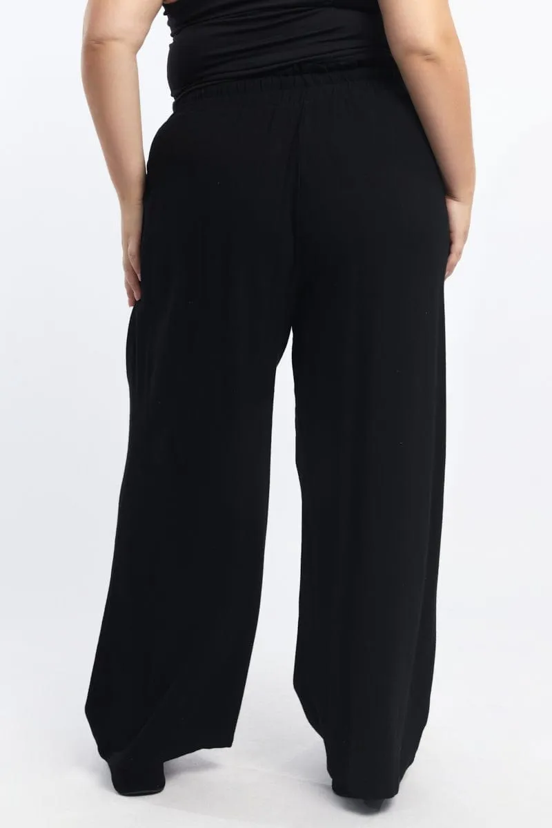 Black Paperbag Elastic Waist Linen Blend Wide Leg Pants